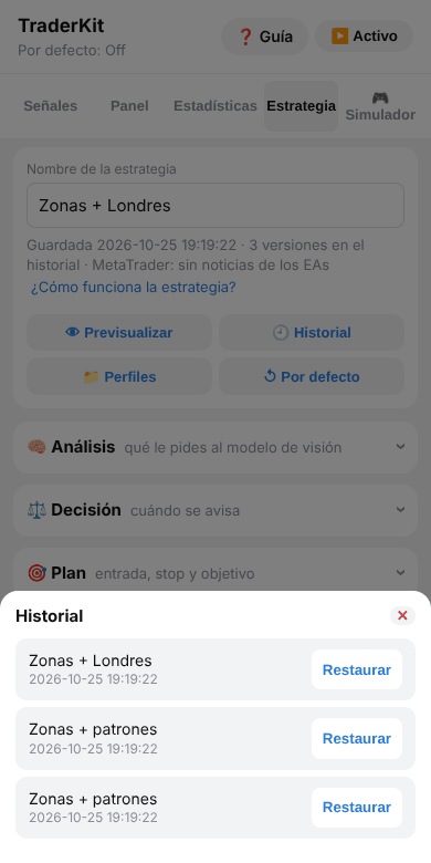 Historial de versiones con el botón Restaurar