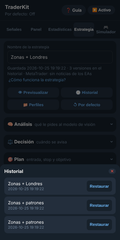Historial de versiones con el botón Restaurar