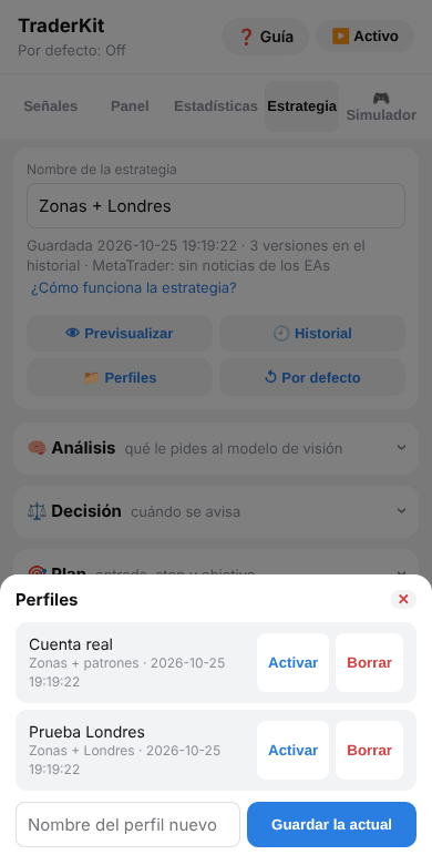 Perfiles guardados con Activar y Borrar