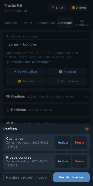 Perfiles guardados con Activar y Borrar