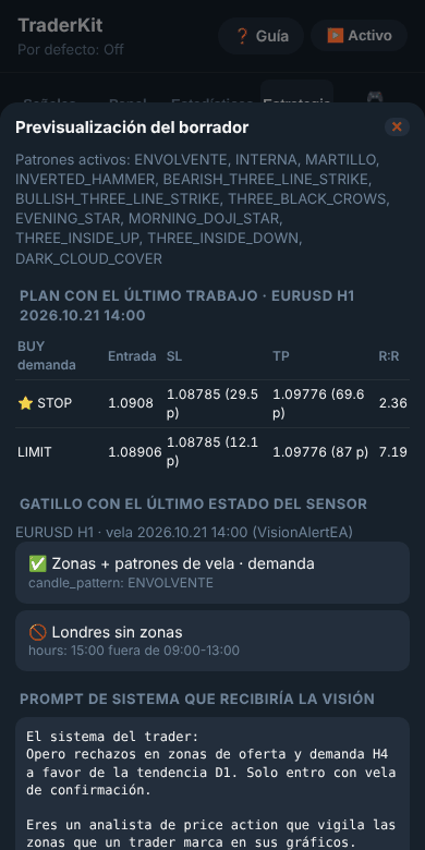 Previsualización del borrador: gatillo y prompt